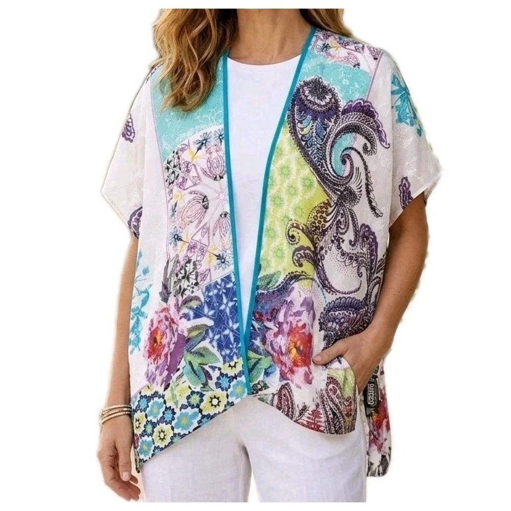 Chicos Kimono Topper Cover Up Size S/M Relaxed White Paisley Print Chiffon Sheer